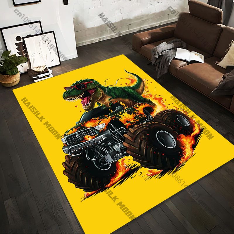 Printing Commercial Drive - 21サイズの恐竜が燃えるようなモンスタートラックを運転するプリントエリアラグ、大人用ヨガマット、リビングルームの装飾、パーソナライズドのドアマット