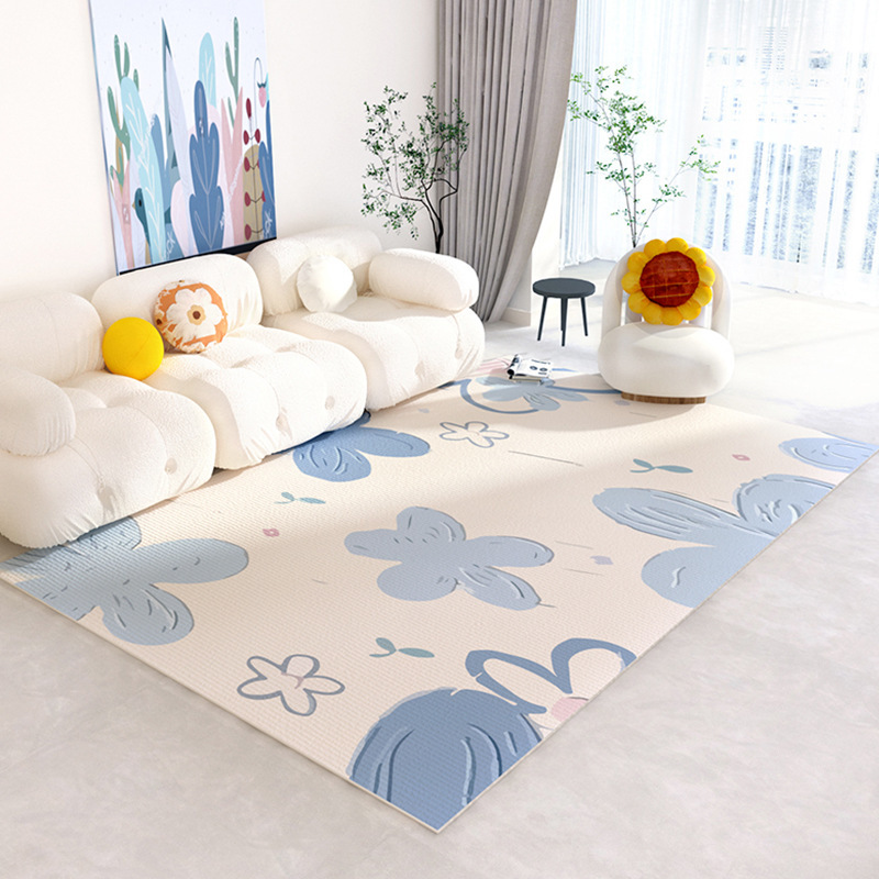 Commercial Printing And Design - 青い花柄のラグ、新鮮な春の花のデザイン、リビングルームのソファエリア用フロアマット、明るい雰囲気を作り出すアイテム