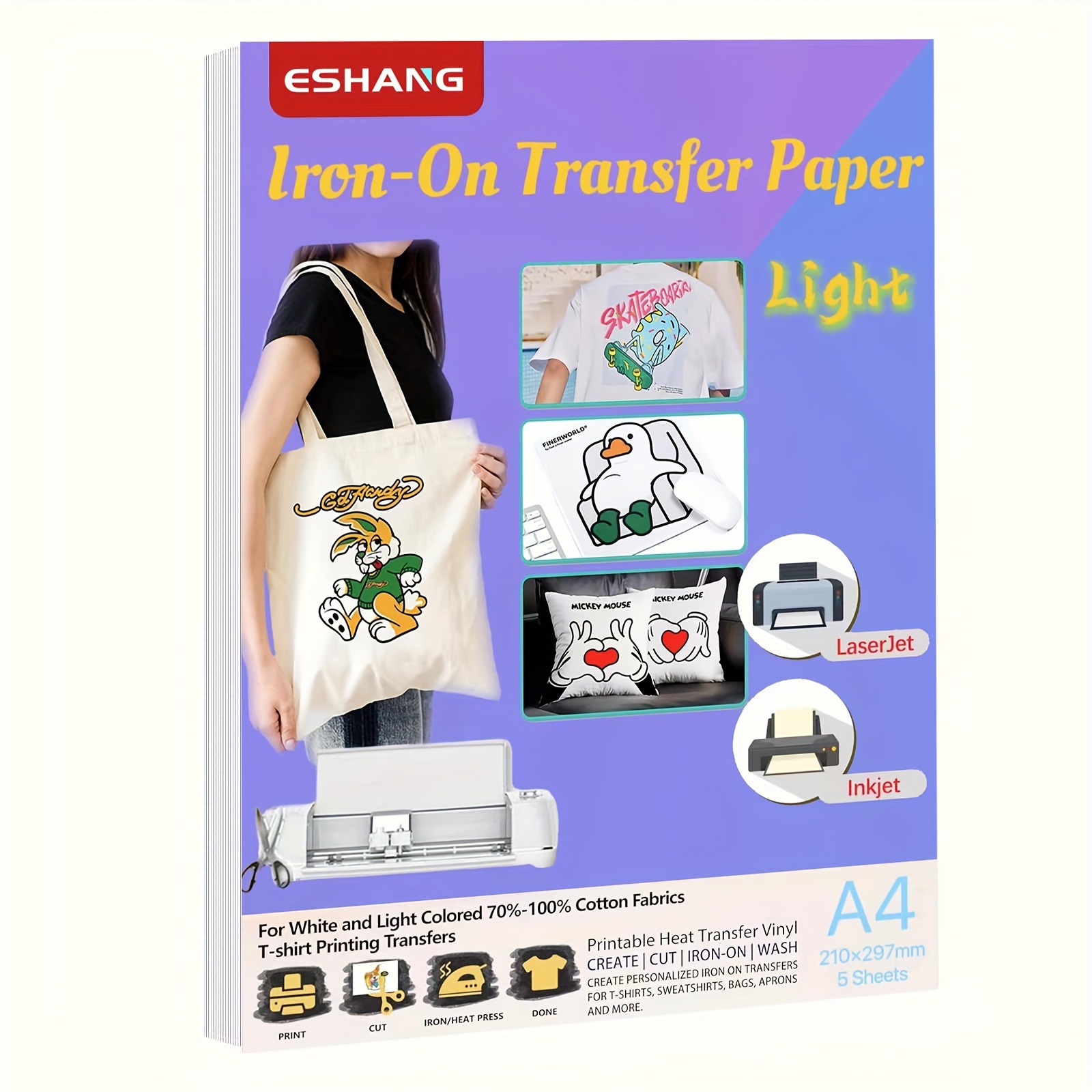Heat Transfer Vinyl Roll - A4サイズの転写紙（軽い生地用）5枚入り インクジェット・レーザープリンター用、描画にも使える印刷可能な熱転写ビニール