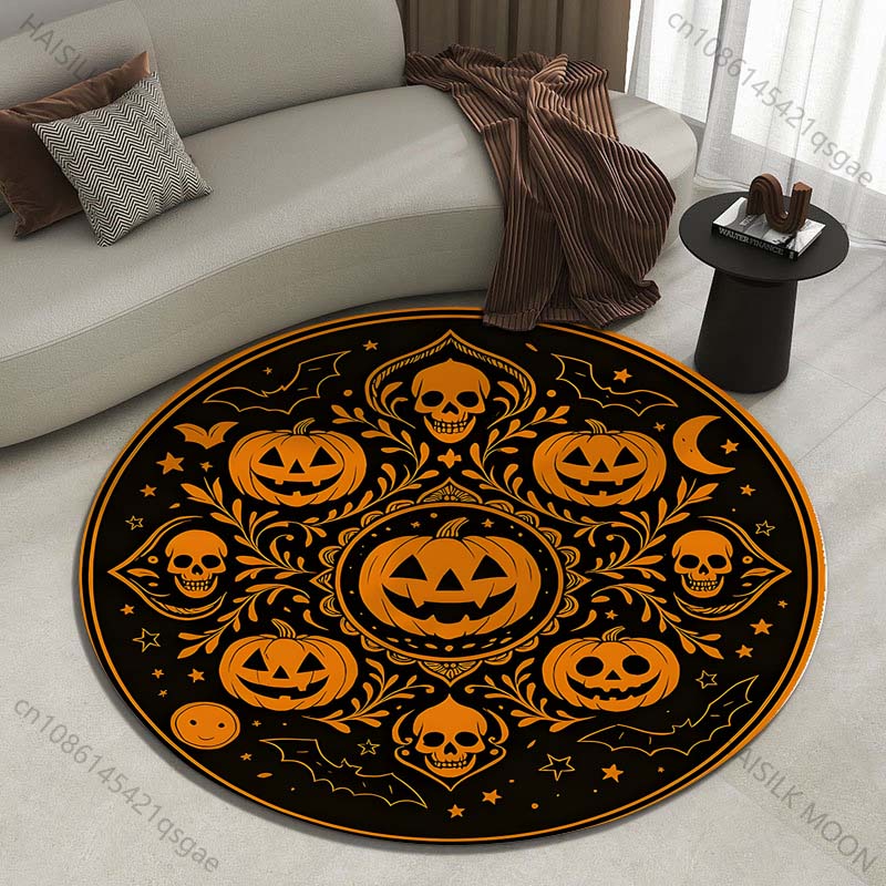 Commercial Printing And Design - ハロウィンのカボチャとスカルの円形デザインがプリントされた丸型カーペット、リビングルームのソファテーブル用カーペット、大型ペットマット、柔らかい丸型カーペット
