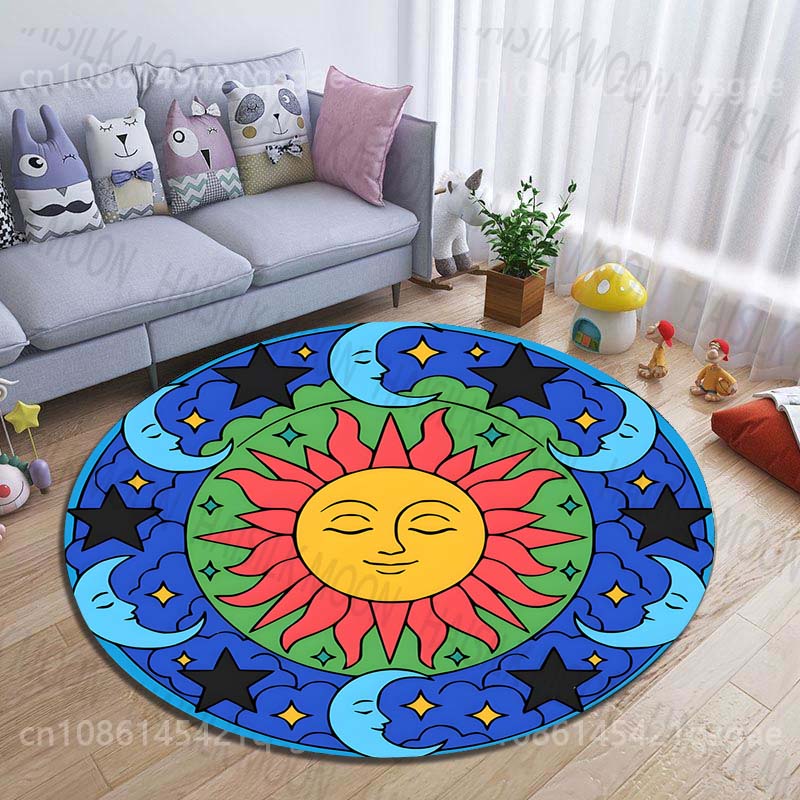 カラフルな太陽、月、星のデザインがプリントされた丸型カーペッ - Commercial Printing And Design のレビューと価格