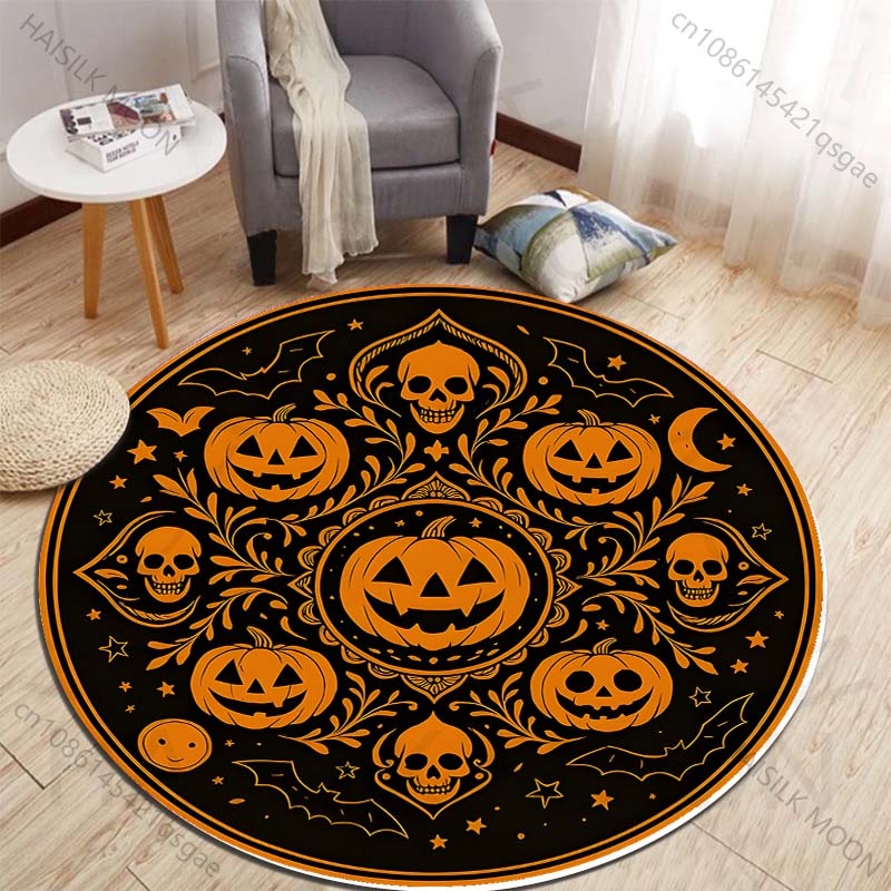 ハロウィンのカボチャとスカルの円形デザインがプリントされた丸 - Commercial Printing And Design のレビューと価格