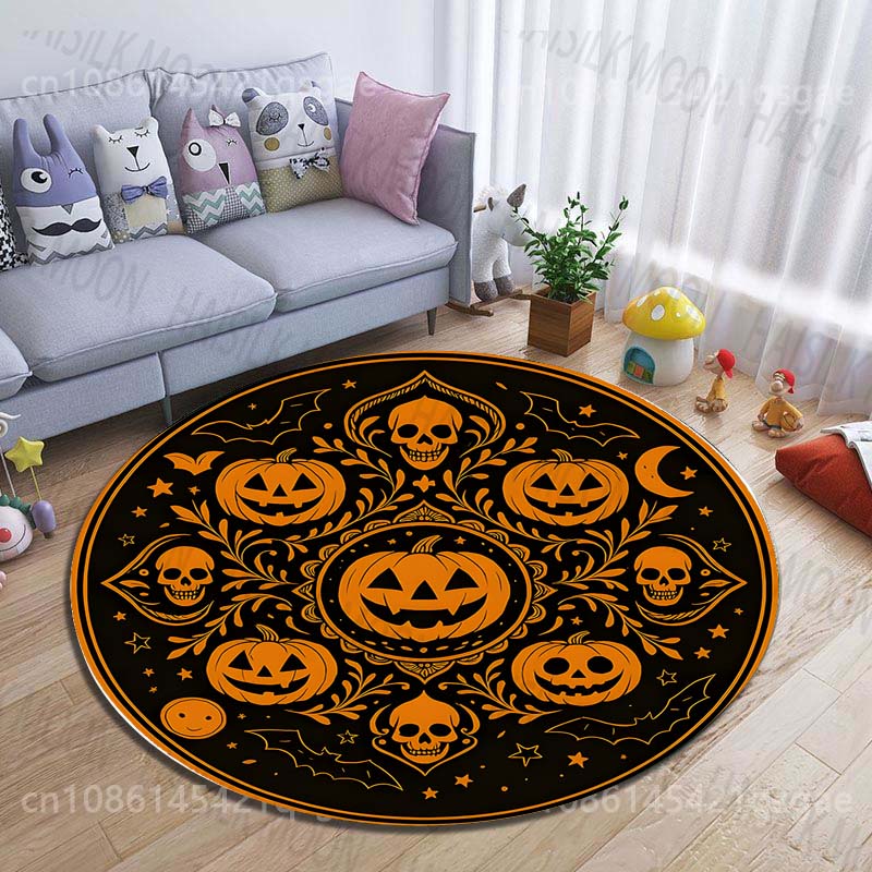 ハロウィンのカボチャとスカルの円形デザインがプリントされた丸 - Commercial Printing And Design のレビューと価格
